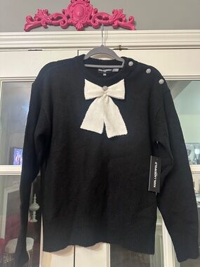 Karl Lagerfeld Black Sweater with Cream Bow and Shoulder Buttons